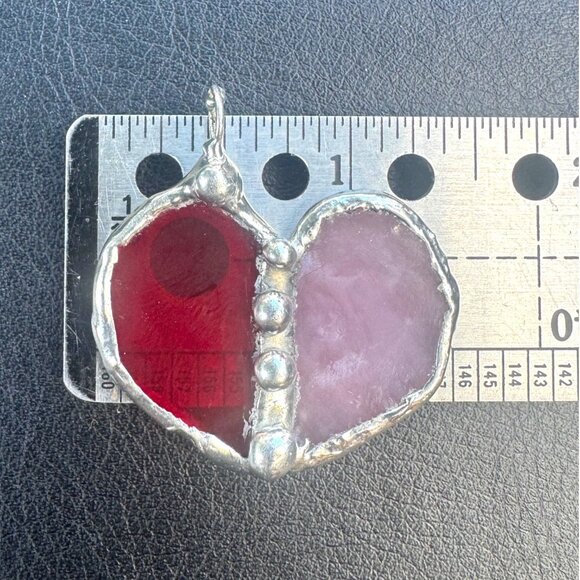 Handcrafted Stained Glass Heart Pendant Caged in Silver-Blend Boho Bezel 1.5” - Picture 4 of 8